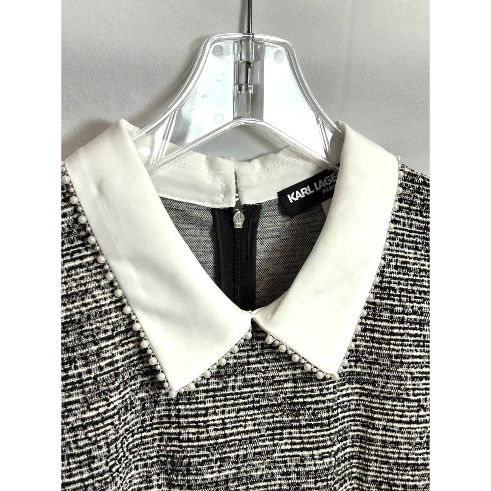 Karl Lagerfeld Paris Tweed Mini Dress Black Whte Faux Pearl Short Puff Sleeve 12 - Picture 14 of 16